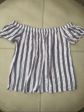 Aqua Blue and White Striped Off-Shoulder Top